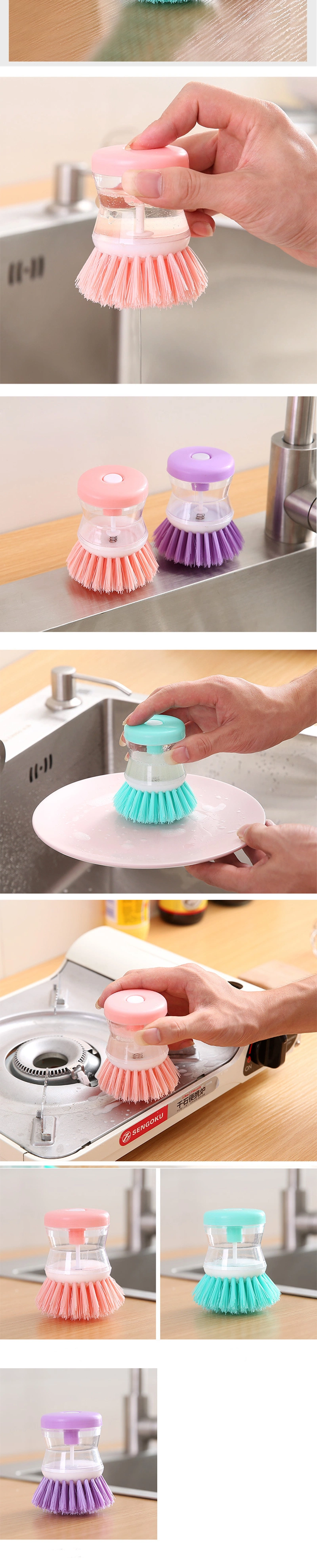 Multifunctional Kitchen Cleaning Tool Dish Pot Liquid Soap Dispenser Plastic Cleaning Brush